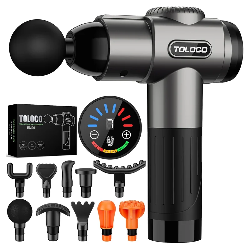 TOLOCO Massage Gun, Deep Tissue Back Massage for Athletes for Pain Relief, Percussion Massager with 10 Massages Heads & Silent Brushless Motor, Fathers Day Dad Gifts, Grey